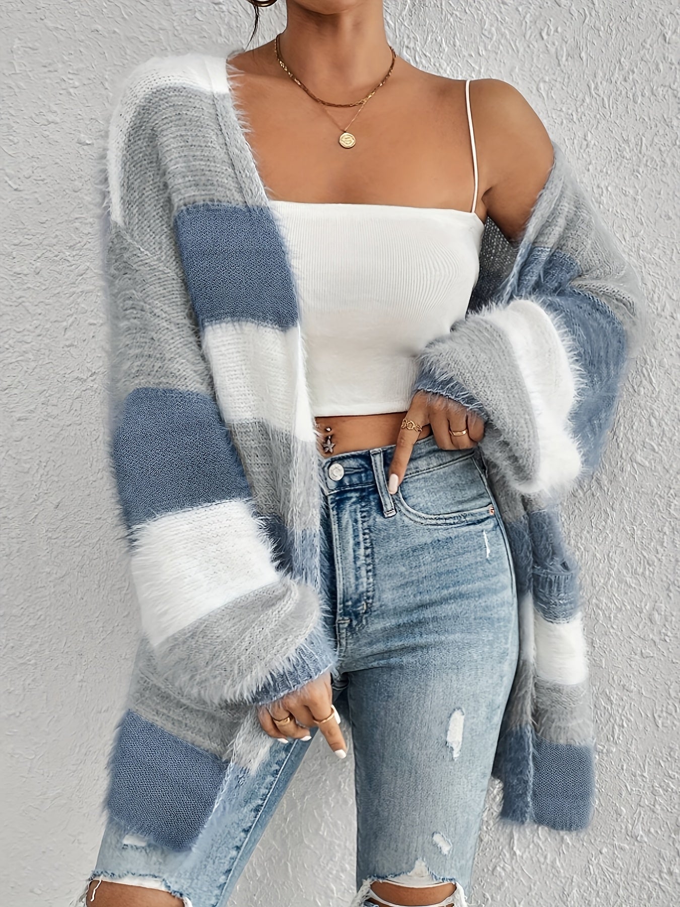 Plus Size Color Block Cardigan Women's Long Sleeve Stretch Fall Winter