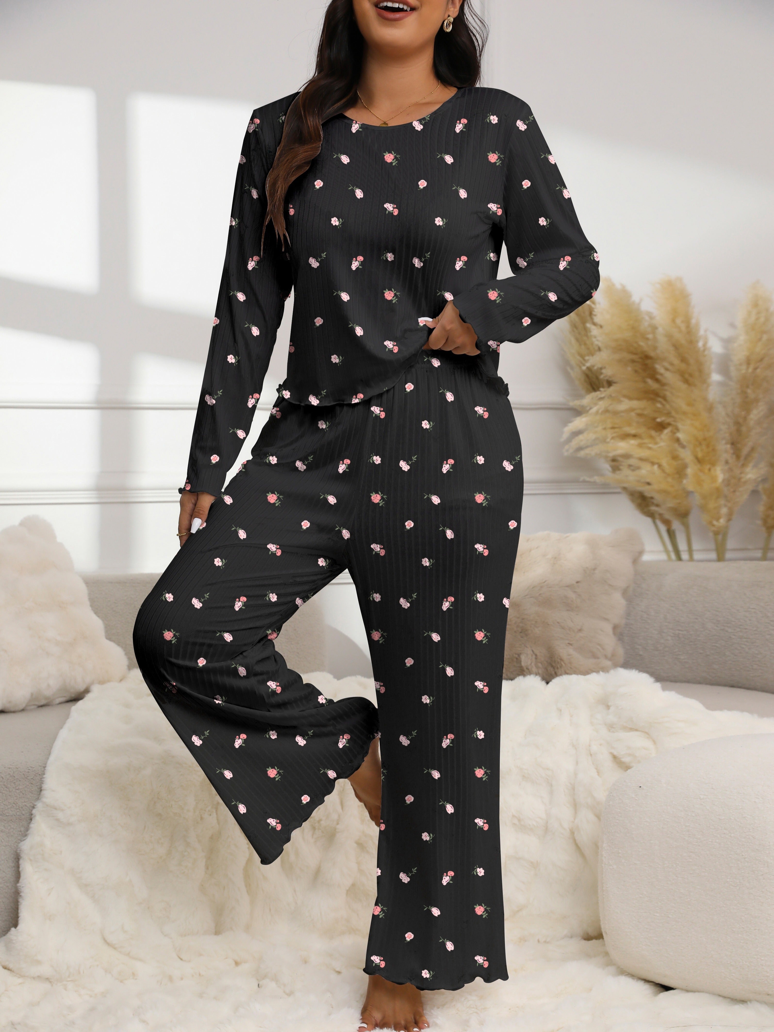 Traje de pantalón de manga larga con estampado floral de tamaño grande y tela texturizada para otoño e invierno