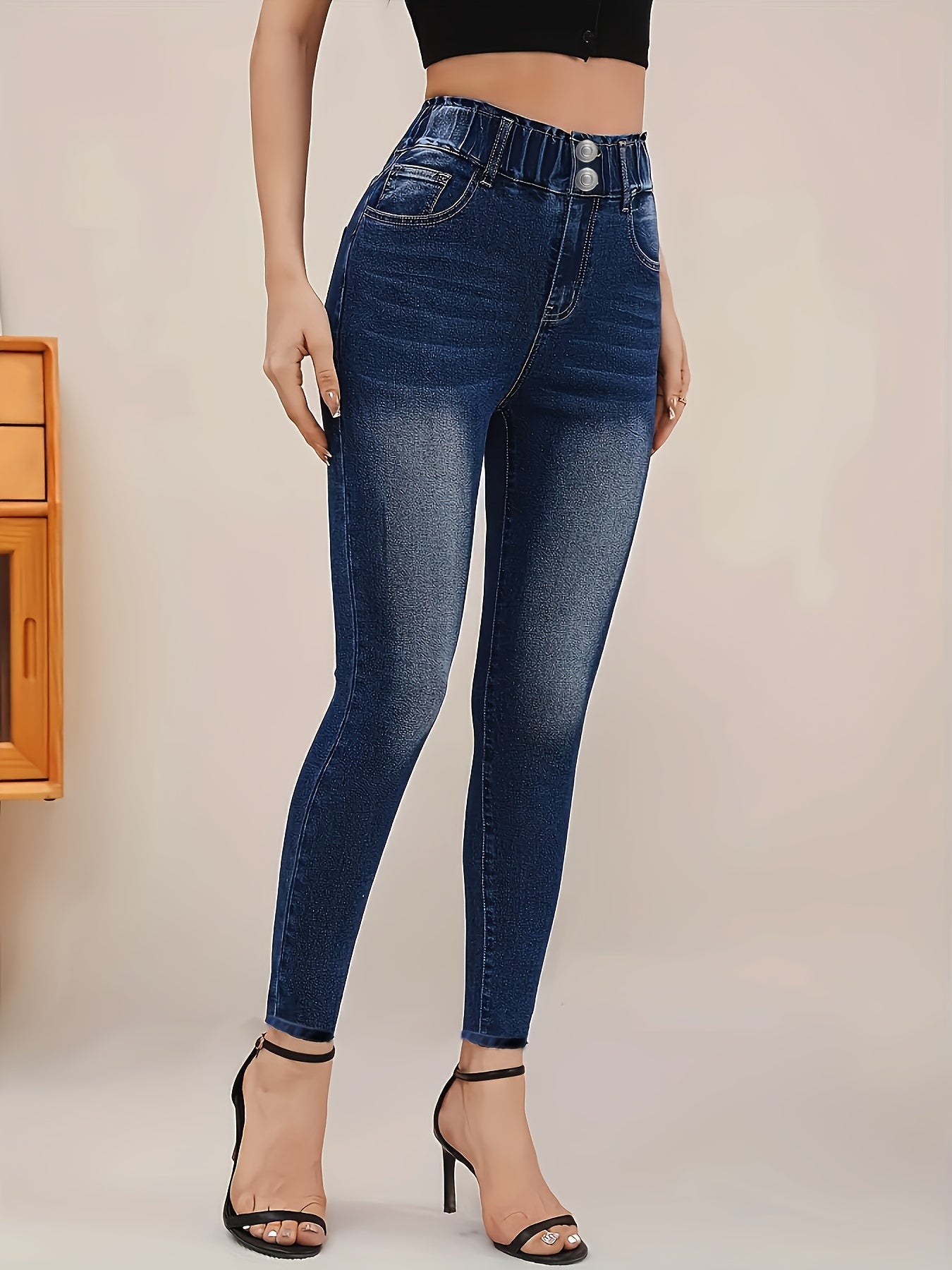 Jeans vaqueros de talla grande con cintura alta y efecto adelgazante, casual, de color sólido, para todas las estaciones