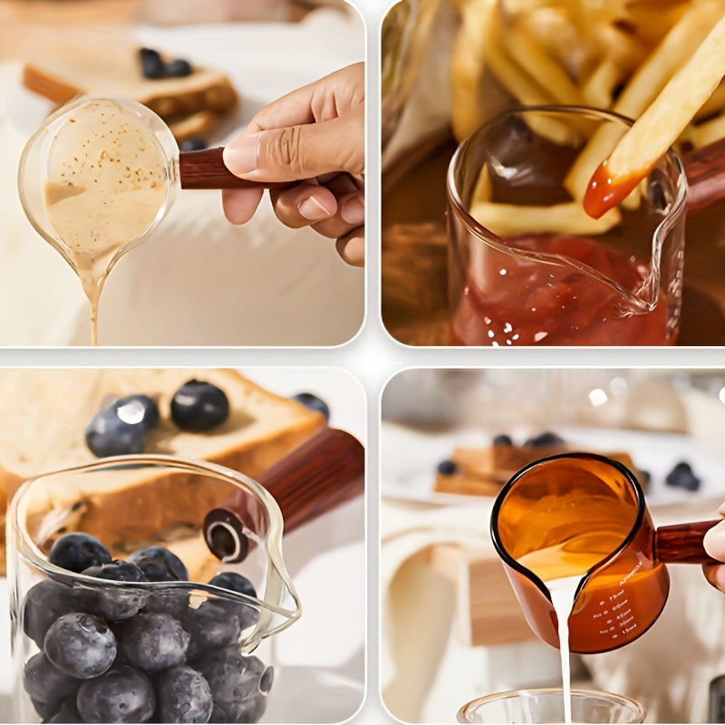 Taza de café de vidrio de borosilicato con asa de madera, doble pico y marcas de medición