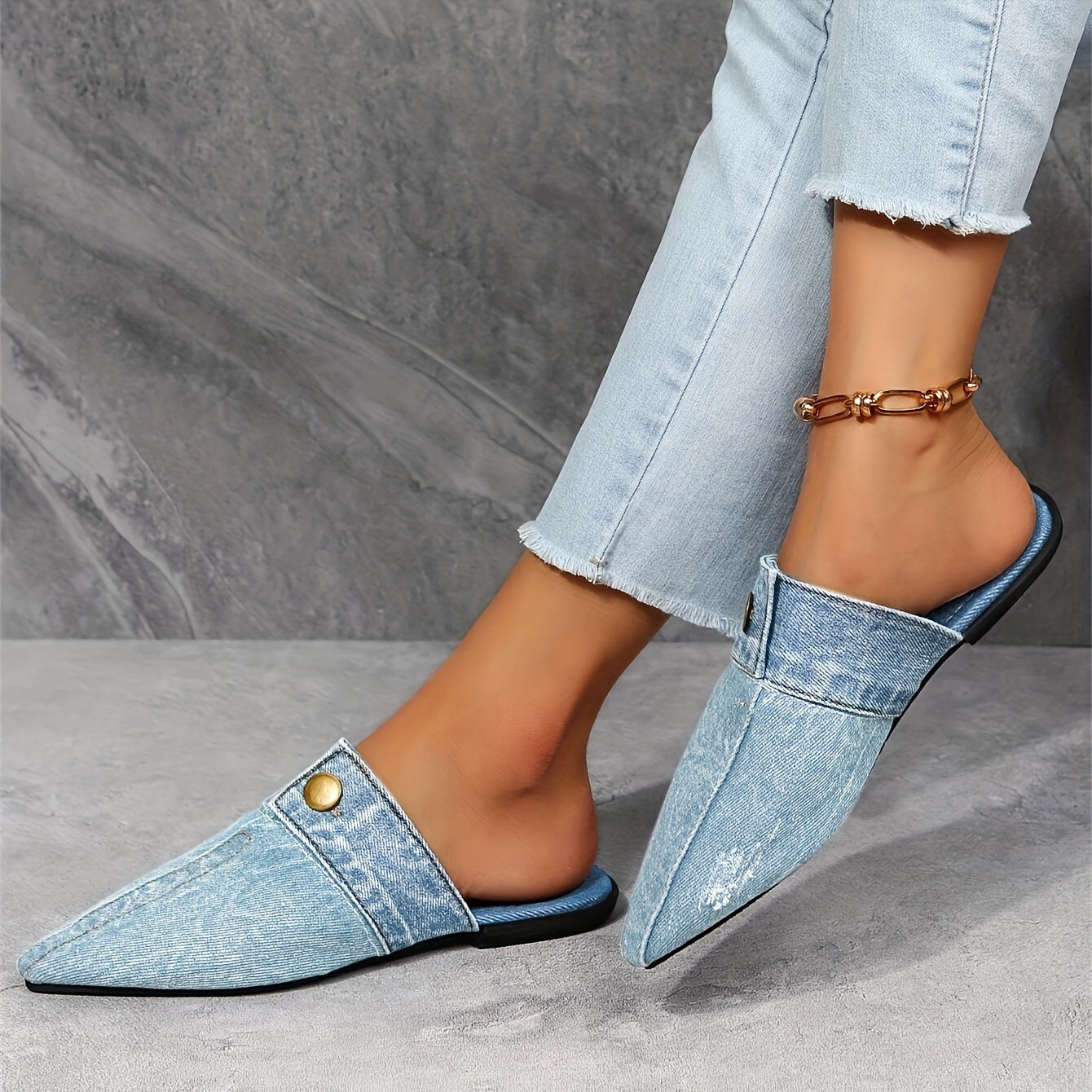 Women's Denim Flat Mules with Pointed Toe Slip-On Casual Outdoor Shoes
