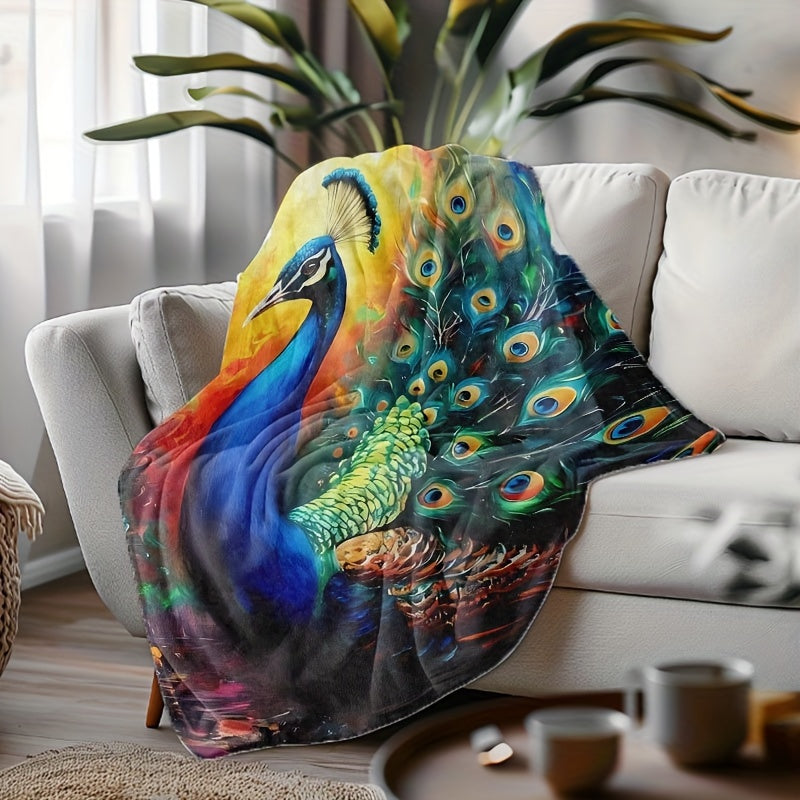 Peacock Print Flannel Throw Blanket for All Seasons Hand Washable Stylish