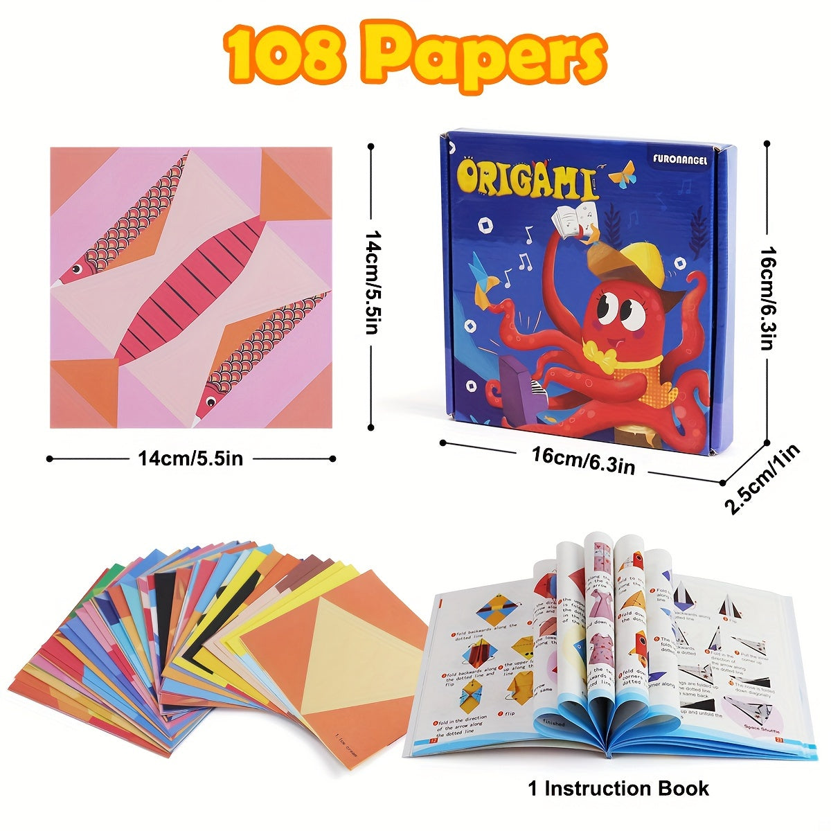 Origami Paper Set 108 Sheets Multicolor with Beginner Art Book for Kids