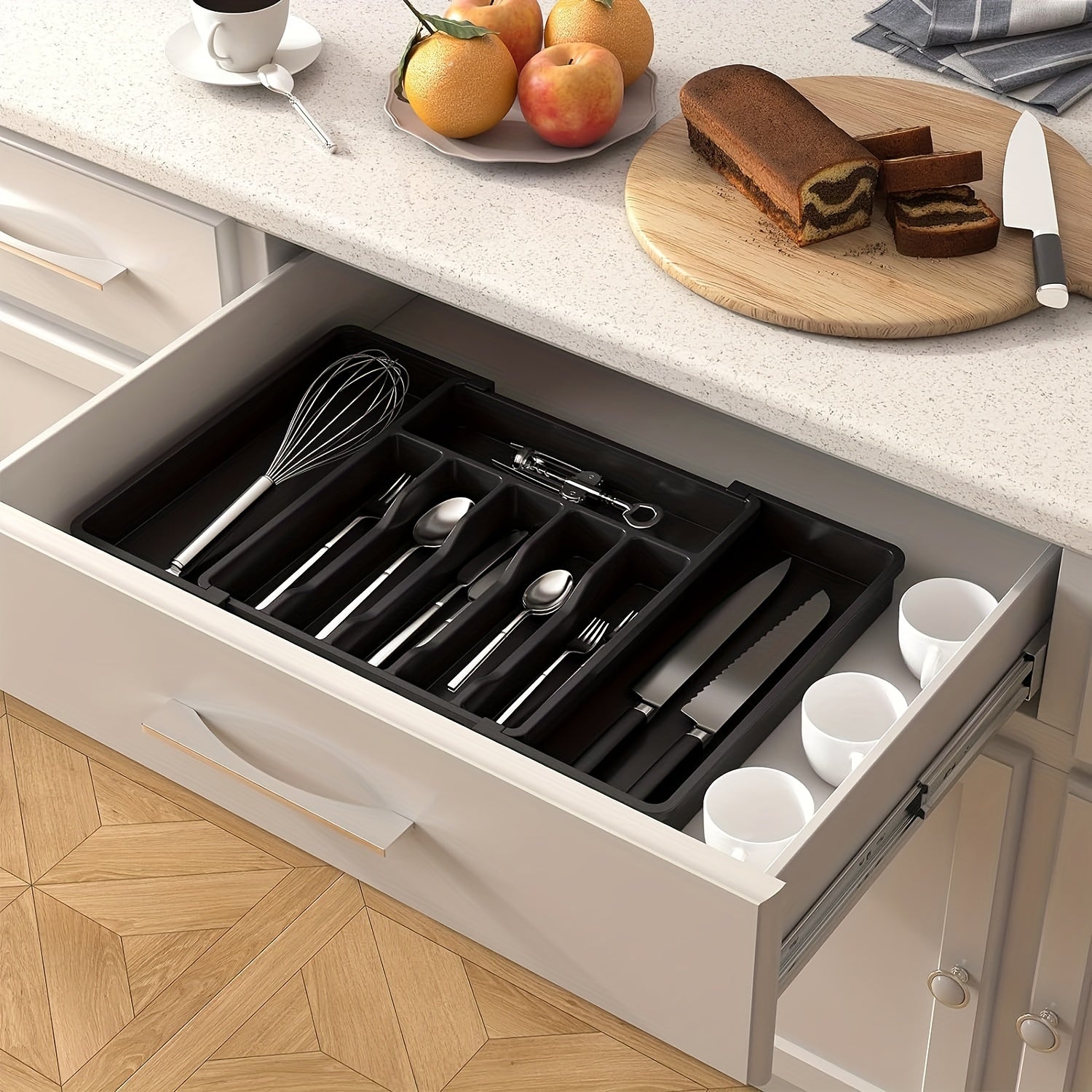 Flatware Organizer with Retractable Cutlery Storage Box, Large Capacity Drawer and Counter Utensil Holder