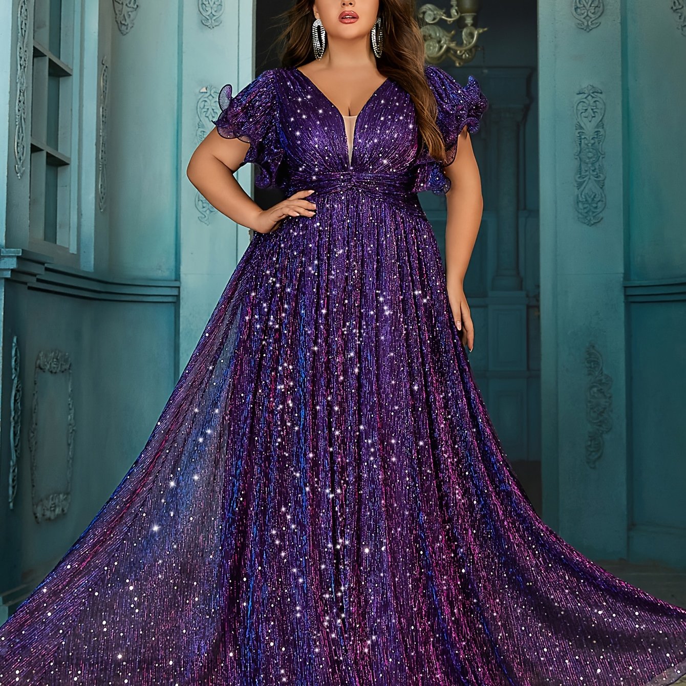 Women's Long Lace Dress with Pleated Short Sleeves and Back Zipper