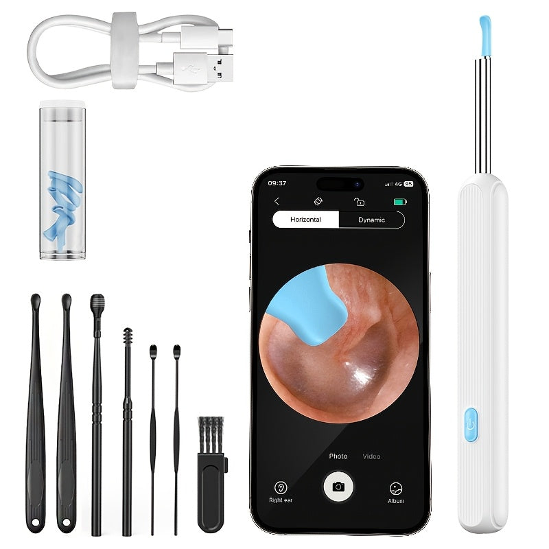 Kamerali va yoritgichli qayta zaryadlanadigan quloq mumini olib tashlash to'plami, 7 dona to'plam, xavfsiz va oson uyda foydalanish, 6 ta qoshiq, litiy batareya, formaldegiddan xoli materiallar