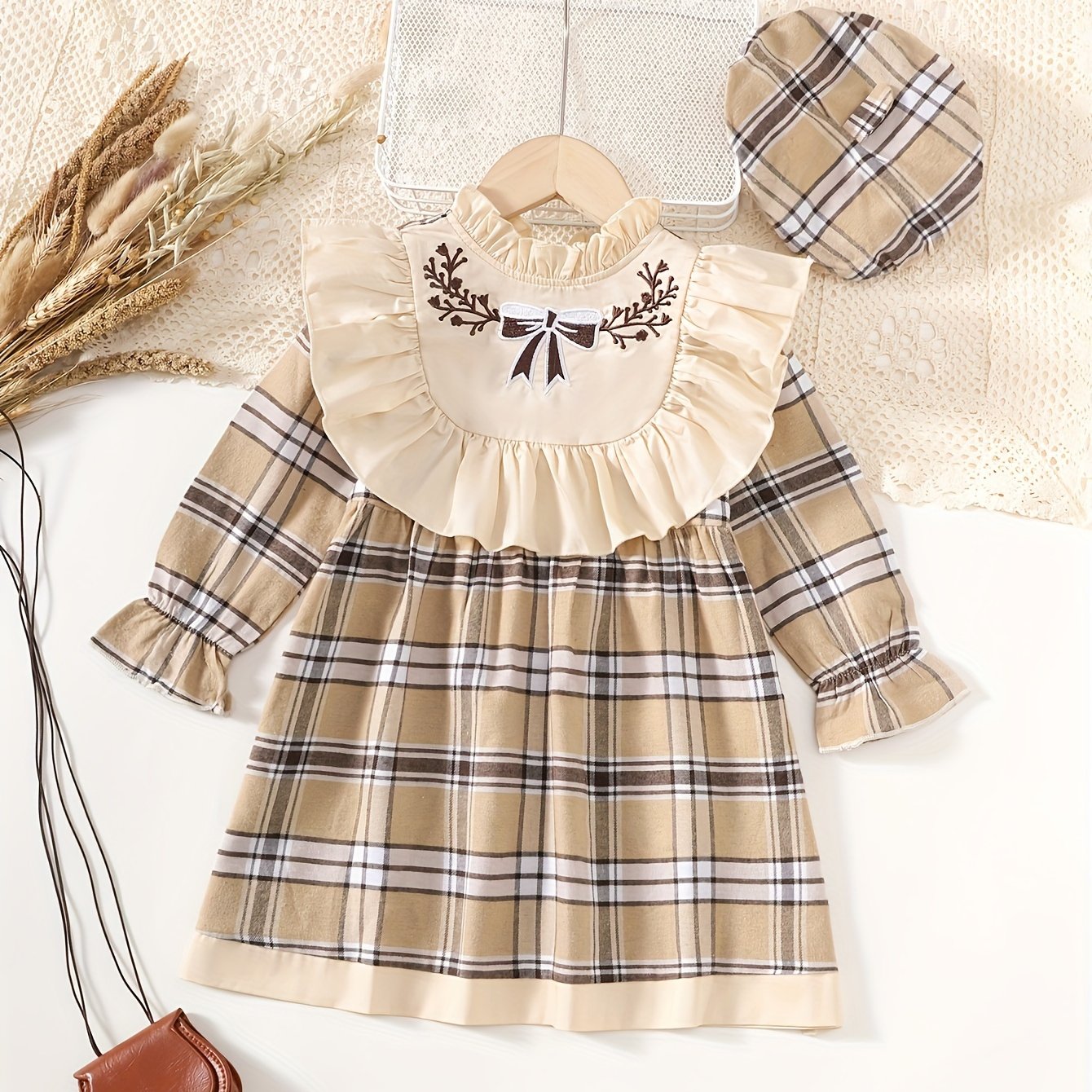 Girls' Plaid Long Sleeve Dress with Ruffle Trim and Matching Hat for Spring and Fall
