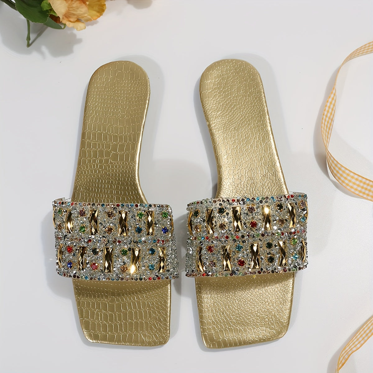 Women's Rhinestone Square Toe Flat Sandals Slip-On Summer Open Toe Ankle Strap