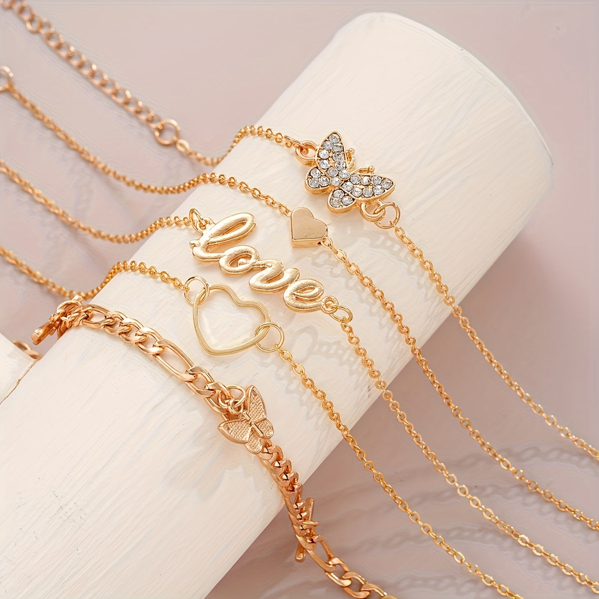 13-Piece Gold-Tone Anklet Set with Butterfly and Love Charms Adjustable Foot Jewelry for Women