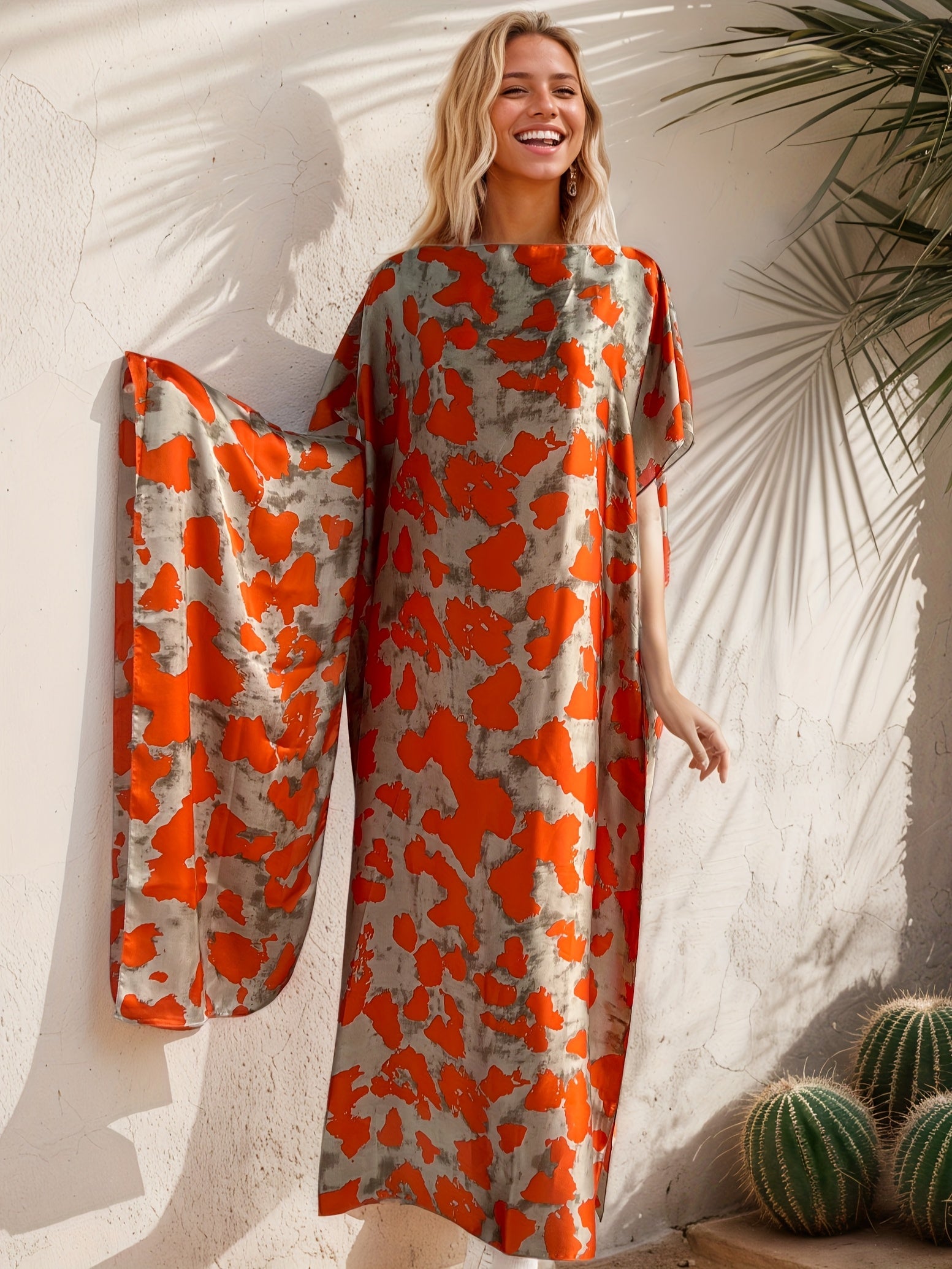 Women's Plus Size Floral Print Maxi Dress with Scarf Orange Polka Dots