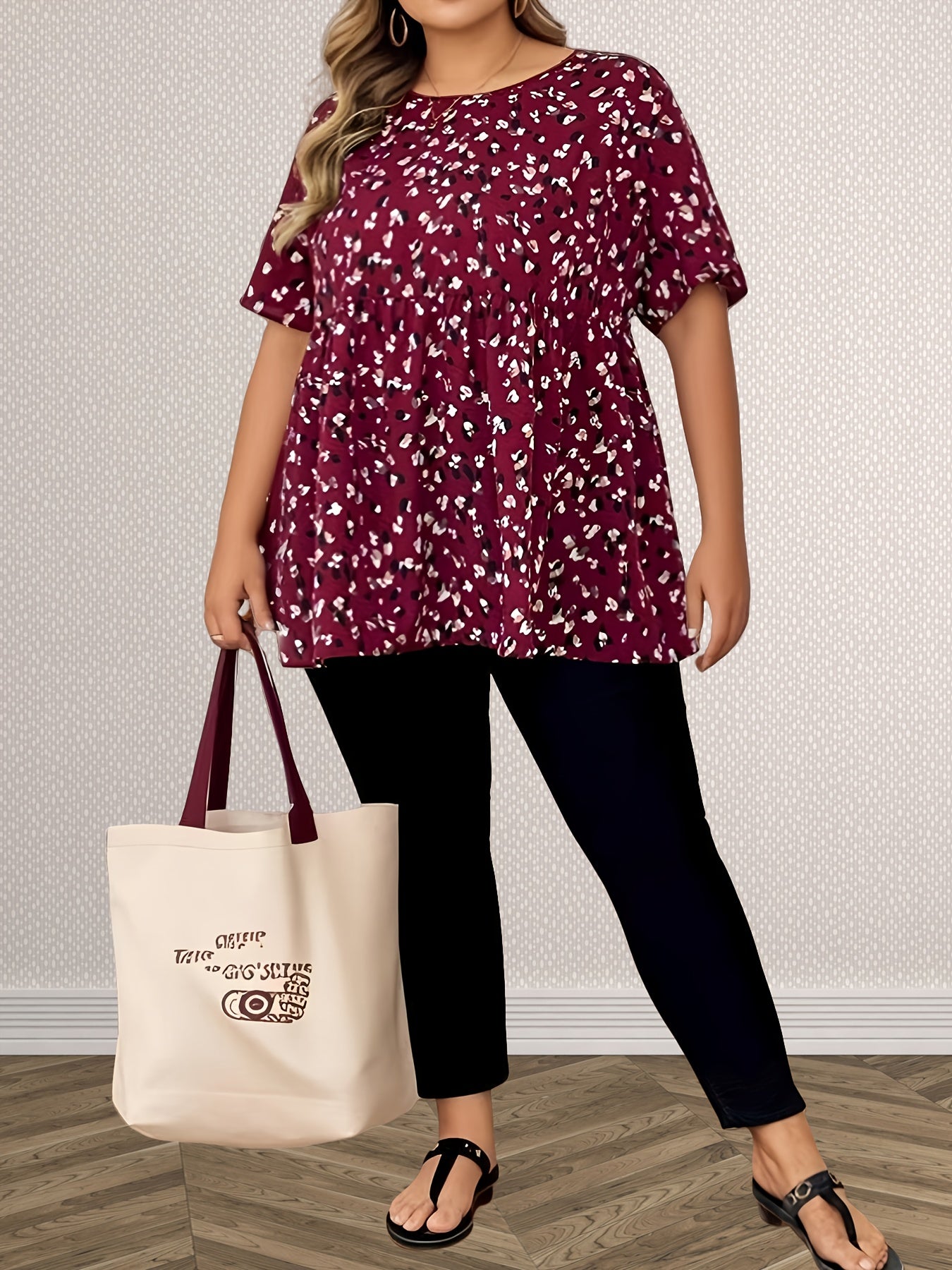 Ayollar uchun katta o'lchamli gullar bilan bosilgan bluz, kruj bo'yinli, qisqa sleeve, kundalik ko'ylak