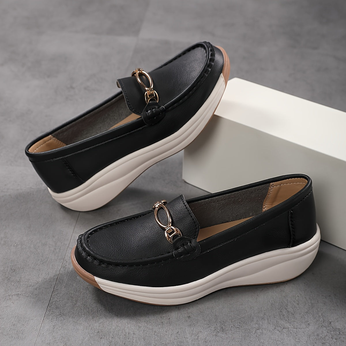 Women's Faux Leather French-Style Loafers with Metallic Buckle Beige