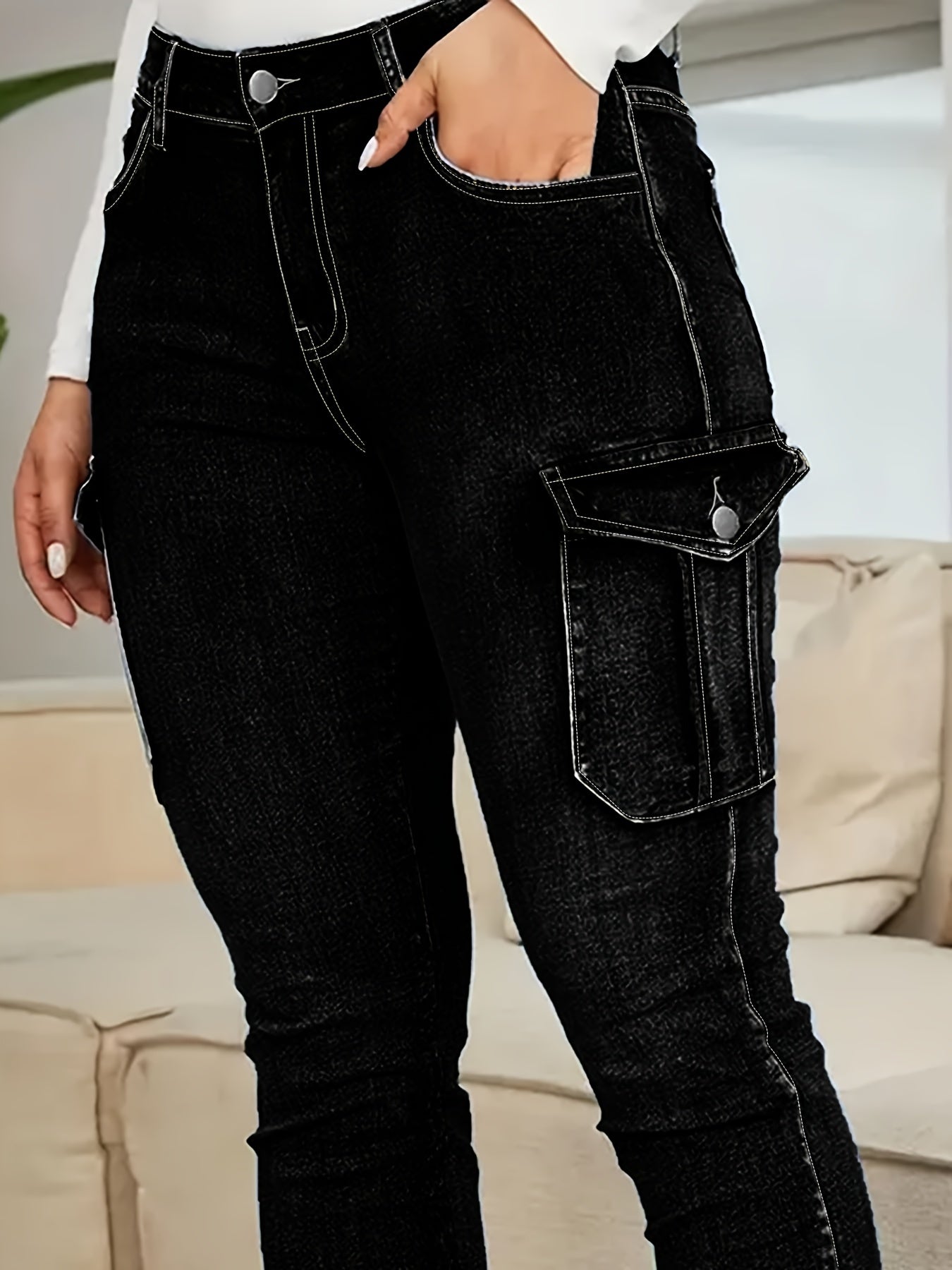 Women Plus Size Black Cargo Jeans with Pockets High Waist Stretchy Denim