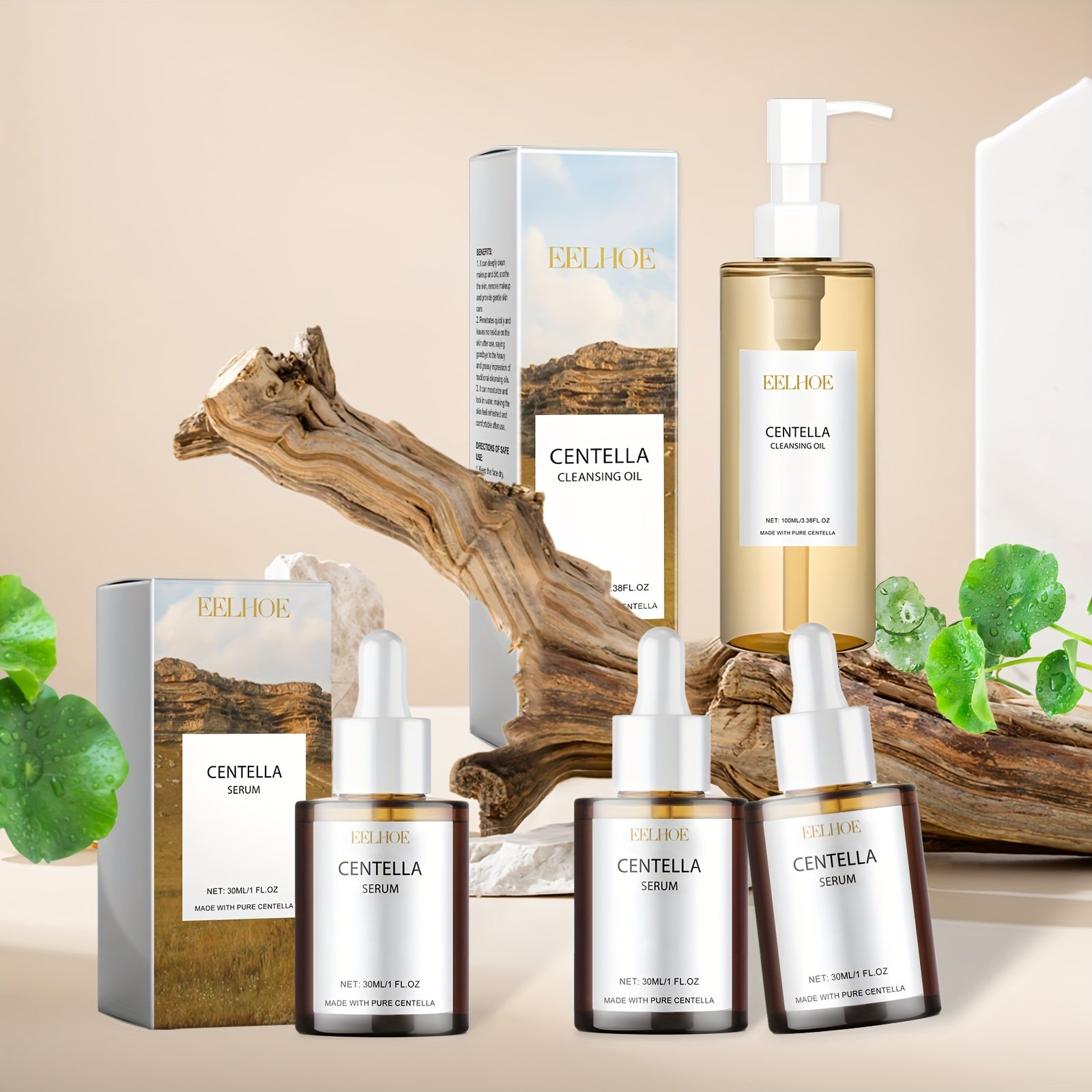 3 dona Centella Asiatica essensiyasi va 1 dona tozalovchi moy yuzni yangilash, yumshoq namlantirish va tozalash uchun ishlaydi, bu esa quruq terini yaxshilash va silliq, yumshoq teriga erishishga yordam beradi.