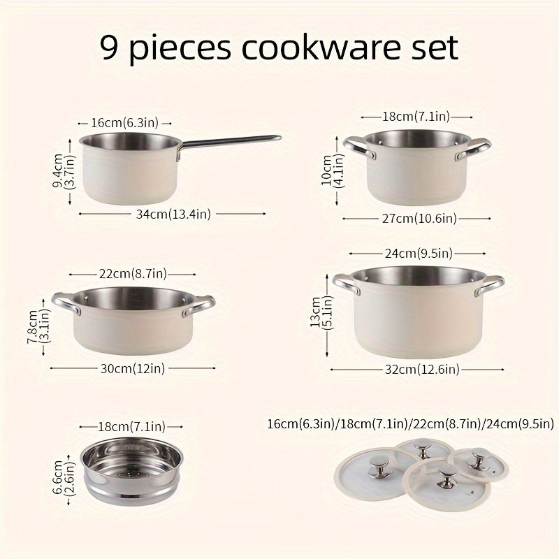 Stainless Steel Cookware Set 9-Piece with Ceramic Coating, Compatible with Induction Gas Electric Stoves