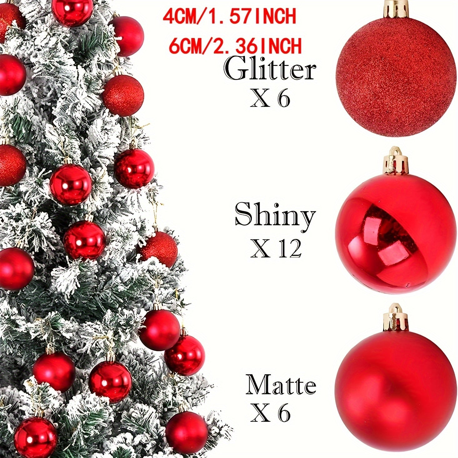 Set of 24 Shatterproof Christmas Tree Ornaments in Various Sizes for Holiday Decorations