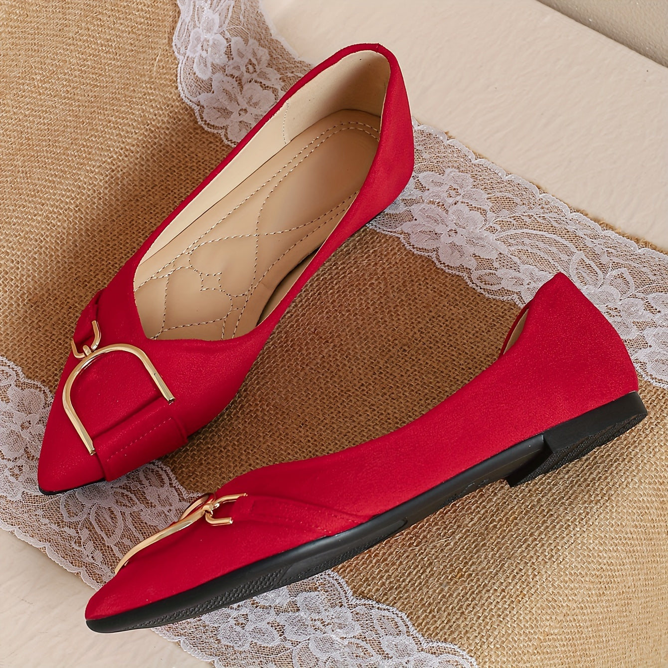 Women's Red Slip-On Flats with Pointed Toe and Buckle