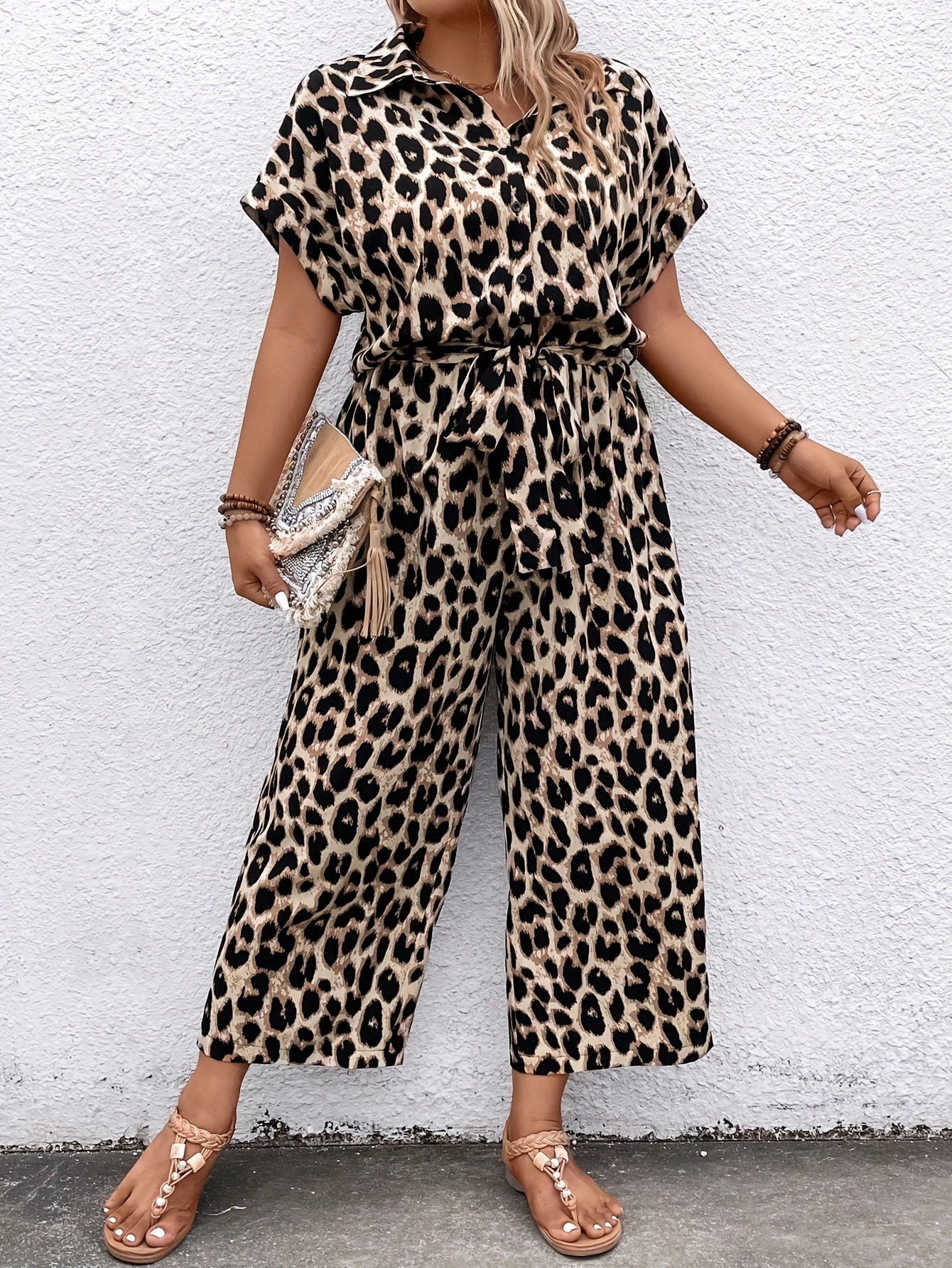 Mono de mujer de talla grande con estampado de leopardo, casual, de manga corta y pantalón ancho