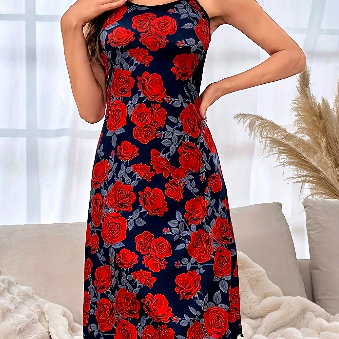 Vestido de descanso para mujer con volante y estampado de rosas, tirantes de espagueti, estilo verano