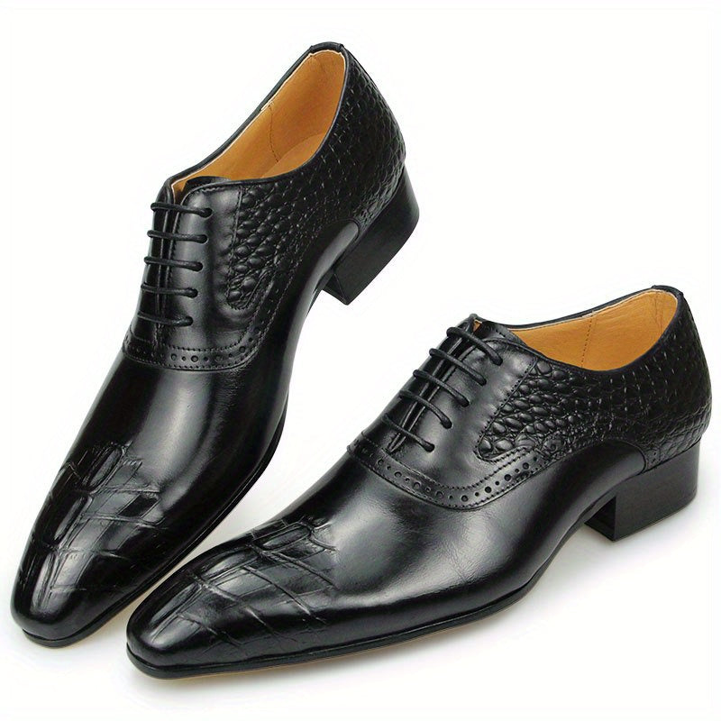 Men's Black Oxford Dress Shoes Topgrain Leather Crocodile Print Pointed Toe Business Formal