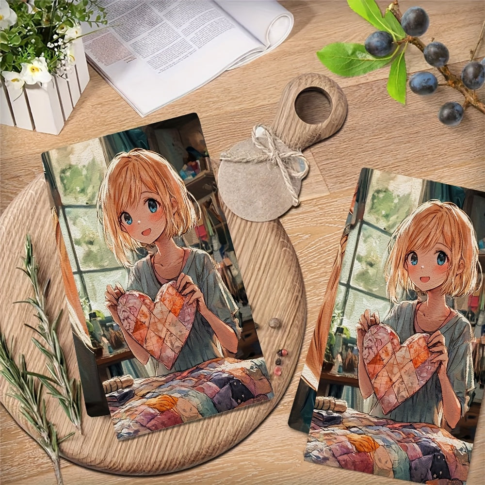 Set of 2 Anime Girl Kitchen Towels 16x24 Inches Ultra Soft Absorbent