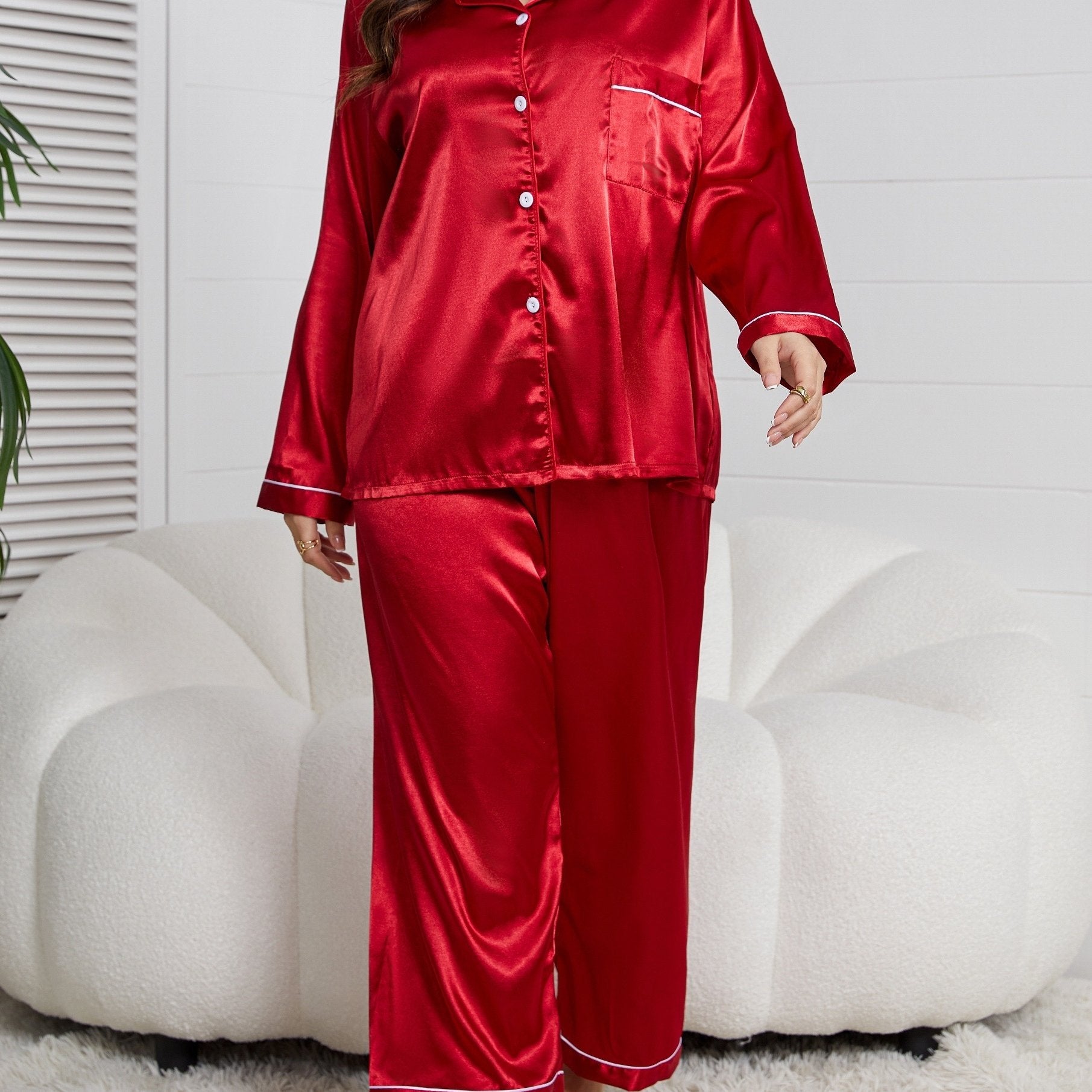 Women's Plus Satin Lounge Set Long Sleeve Pajama Pants Fall Winter
