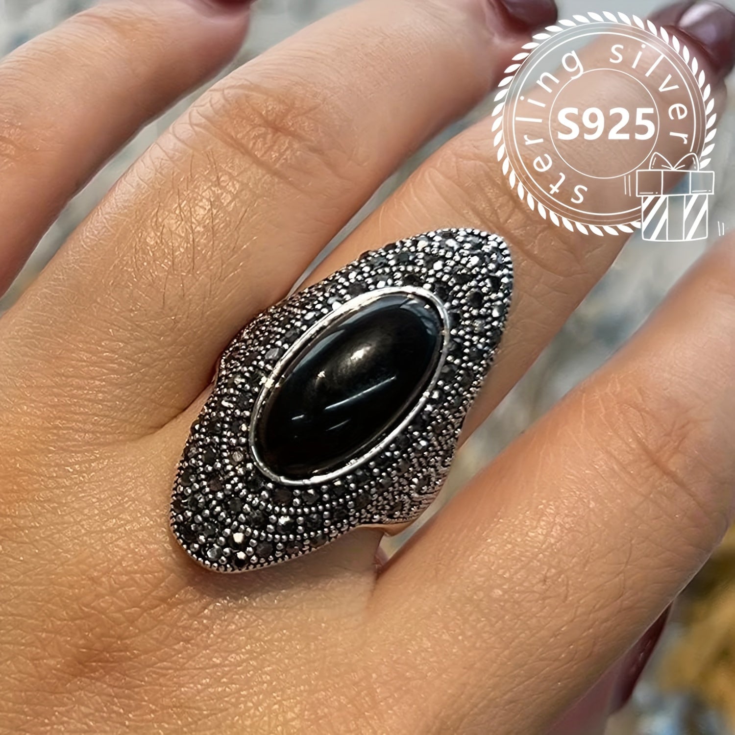 Women's Silver Ring with Black Agate Stone Inlay, Retro Style, 8.1g