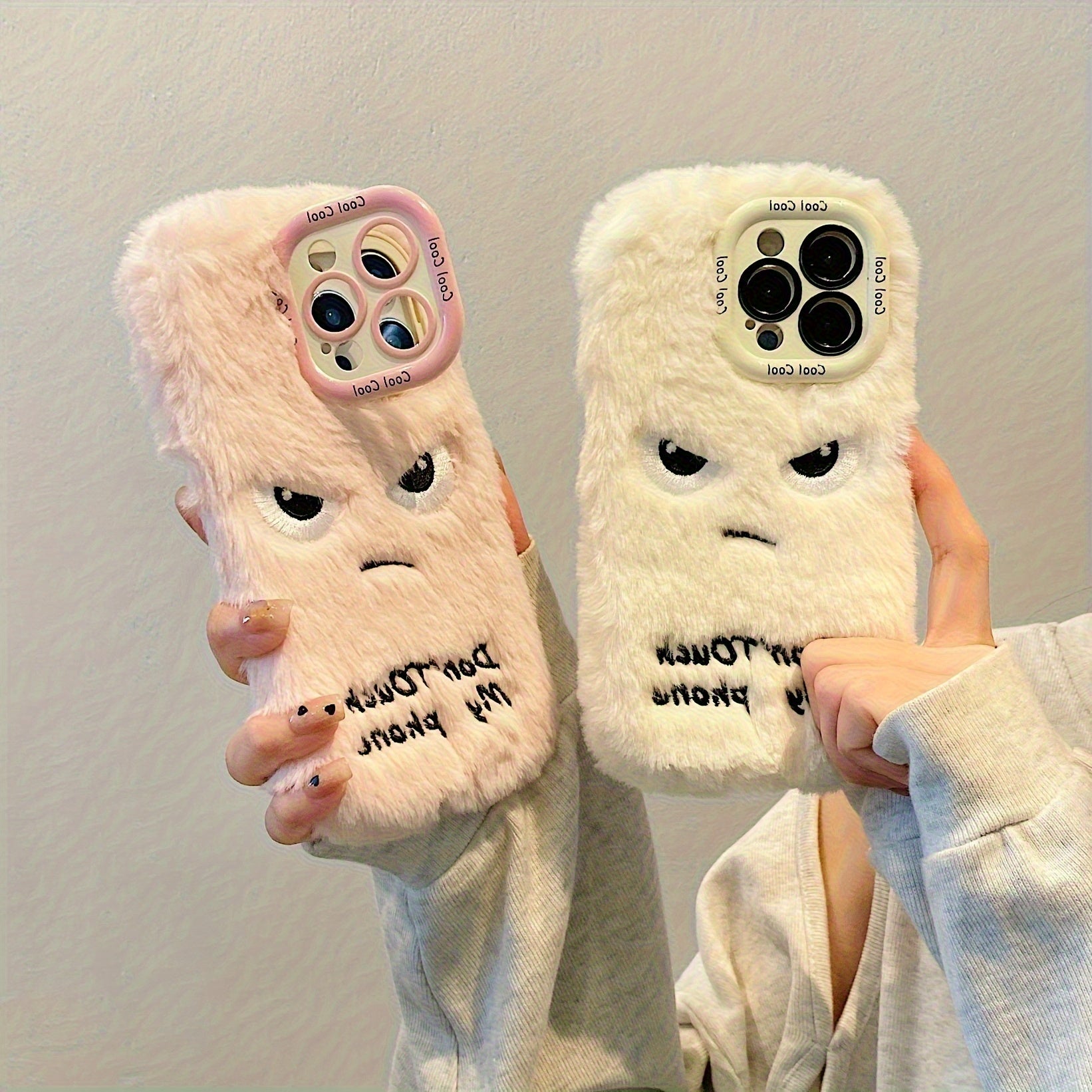 Plush Phone Case for iPhone 13-16 Pro Max with "Don't Touch My Phone" Expression and Lens Protection