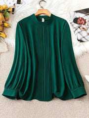 Plus Size Elegant Pleated Blouse with Crew Neck Long Sleeves for Spring