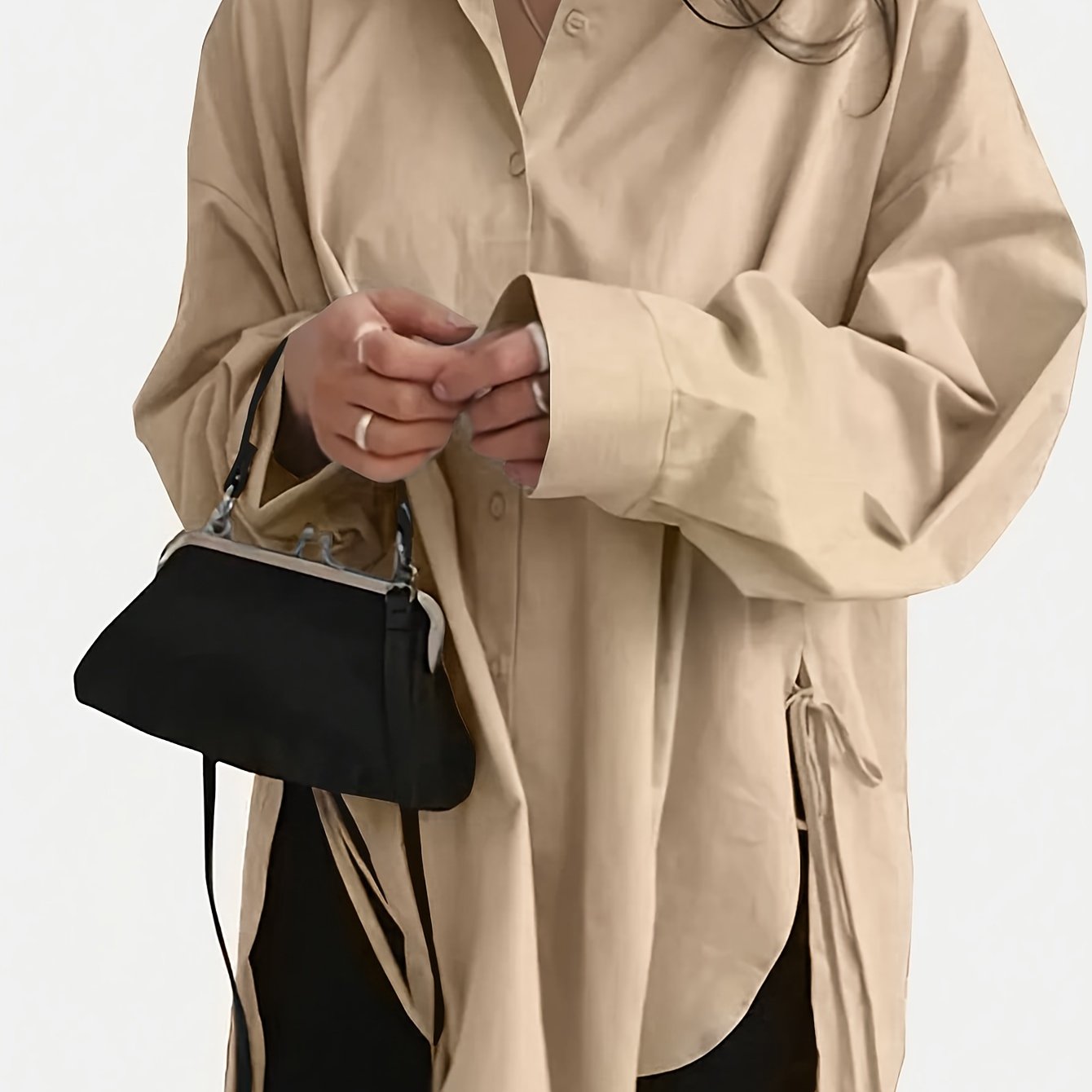 Women's Polyester Long Sleeve Drop Shoulder Shirt Beige Casual Fall Winter