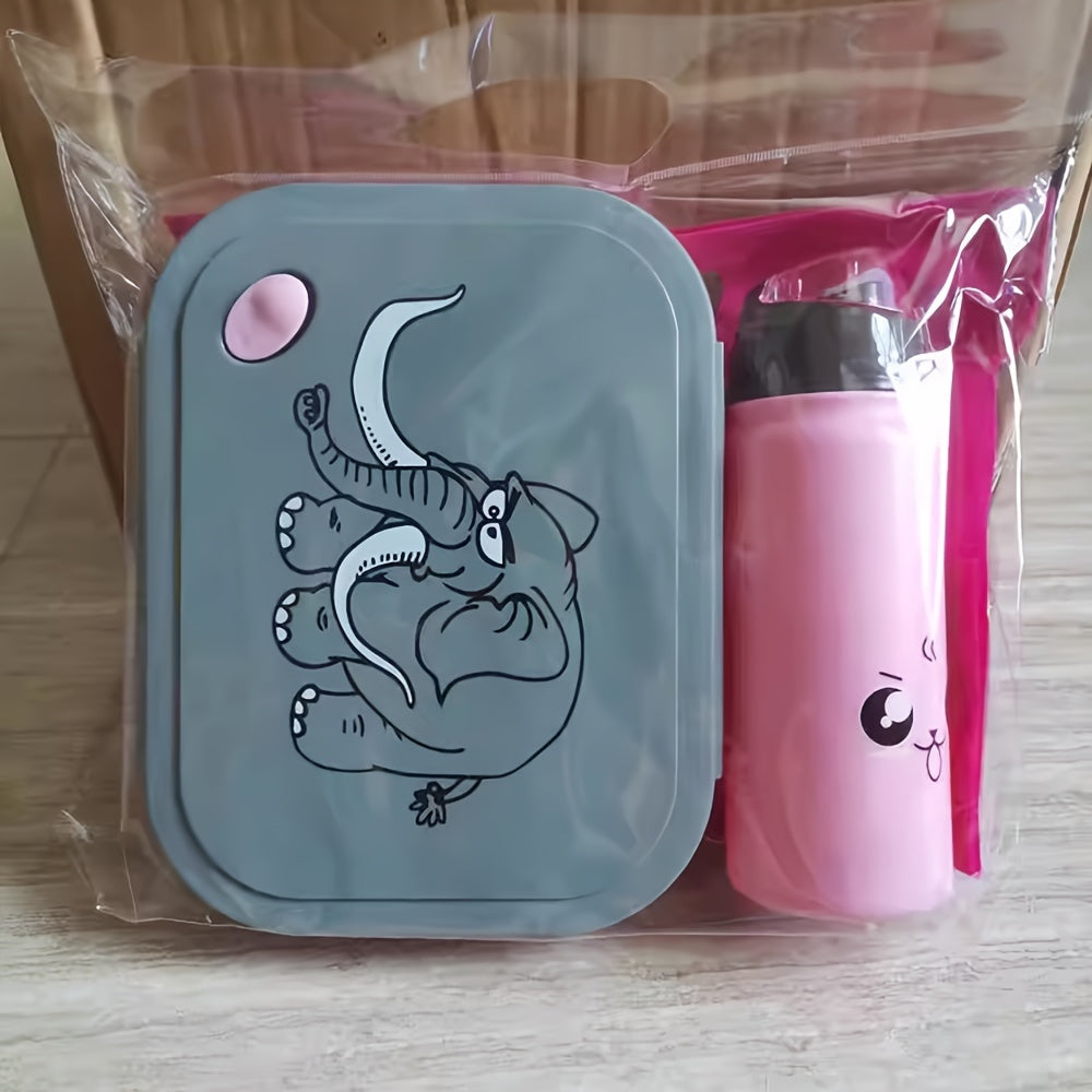 Cartoon Elephant Lunch Box Set with Water Bottle and Spoon Plastic Rectangle Shape