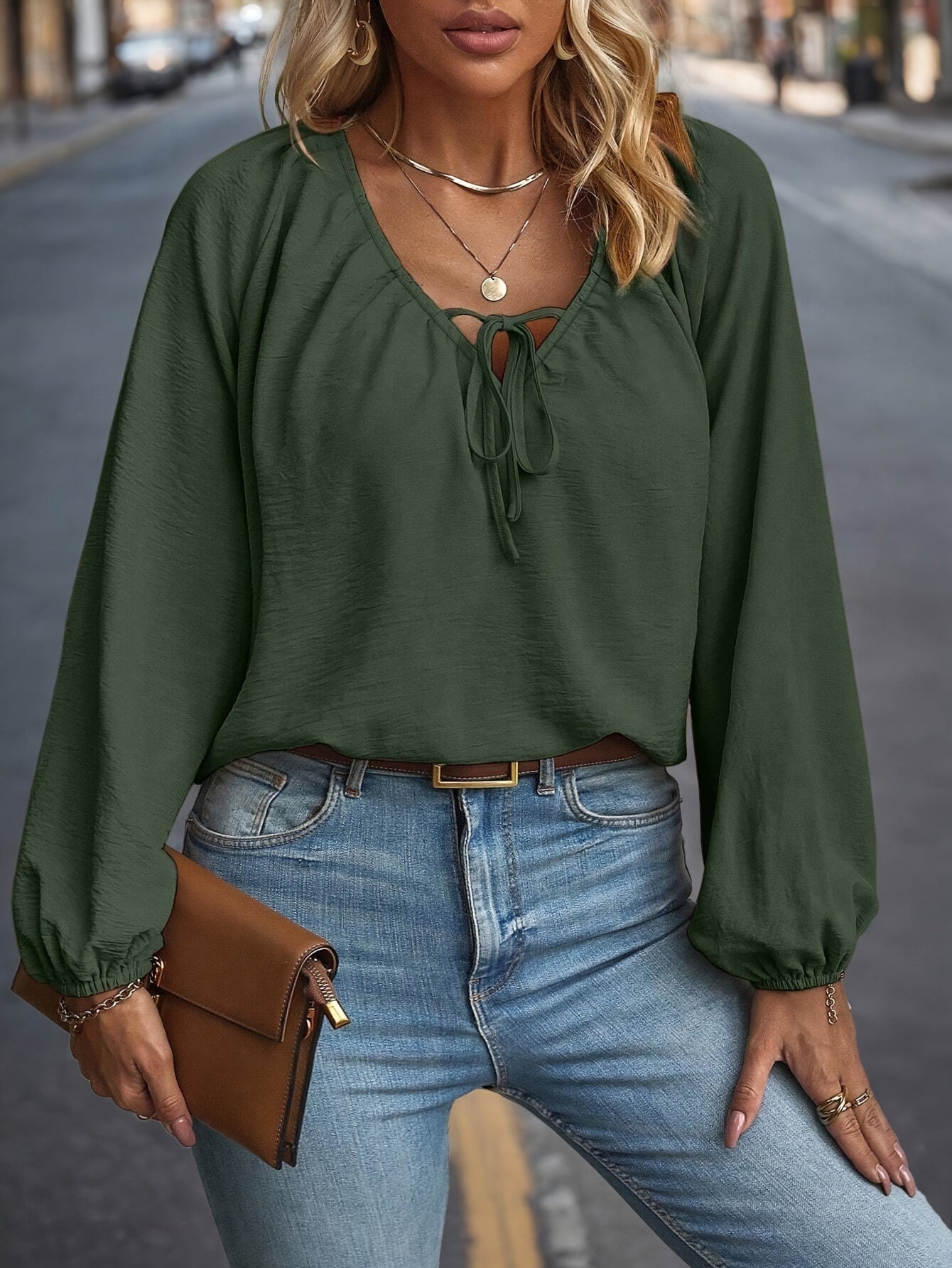 Women's Plus Size Solid Long Sleeve Shirt Polyester V Neck Lace-Up Fall Top