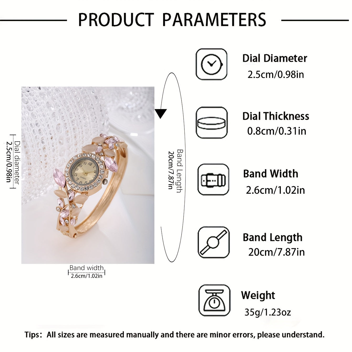 Women's Quartz Watch with Pink Gemstones and Rhinestone Jewelry Set