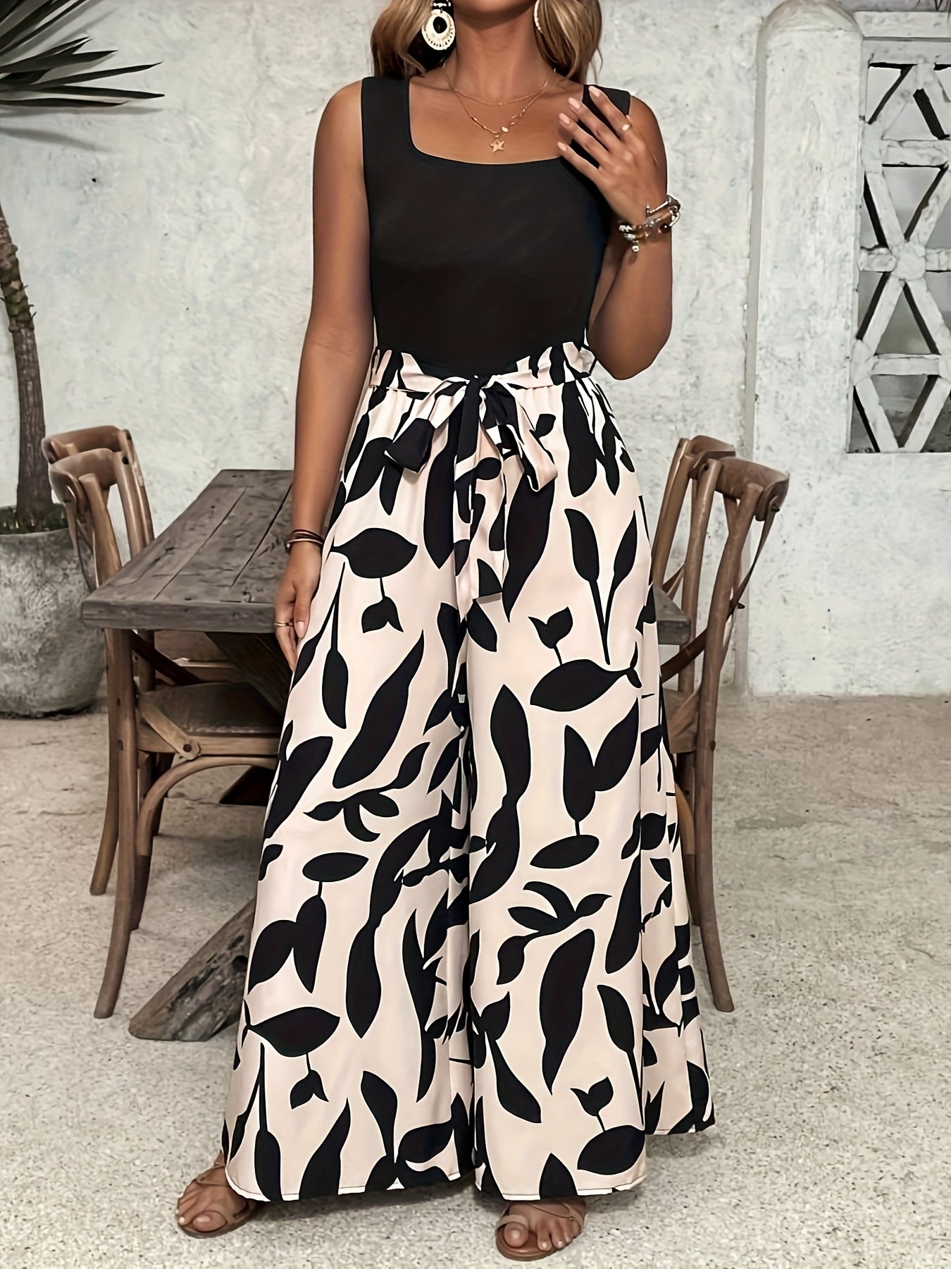 Plus Size Women's Floral Print Sleeveless Jumpsuit Loose Fit Wide Leg Ootfit