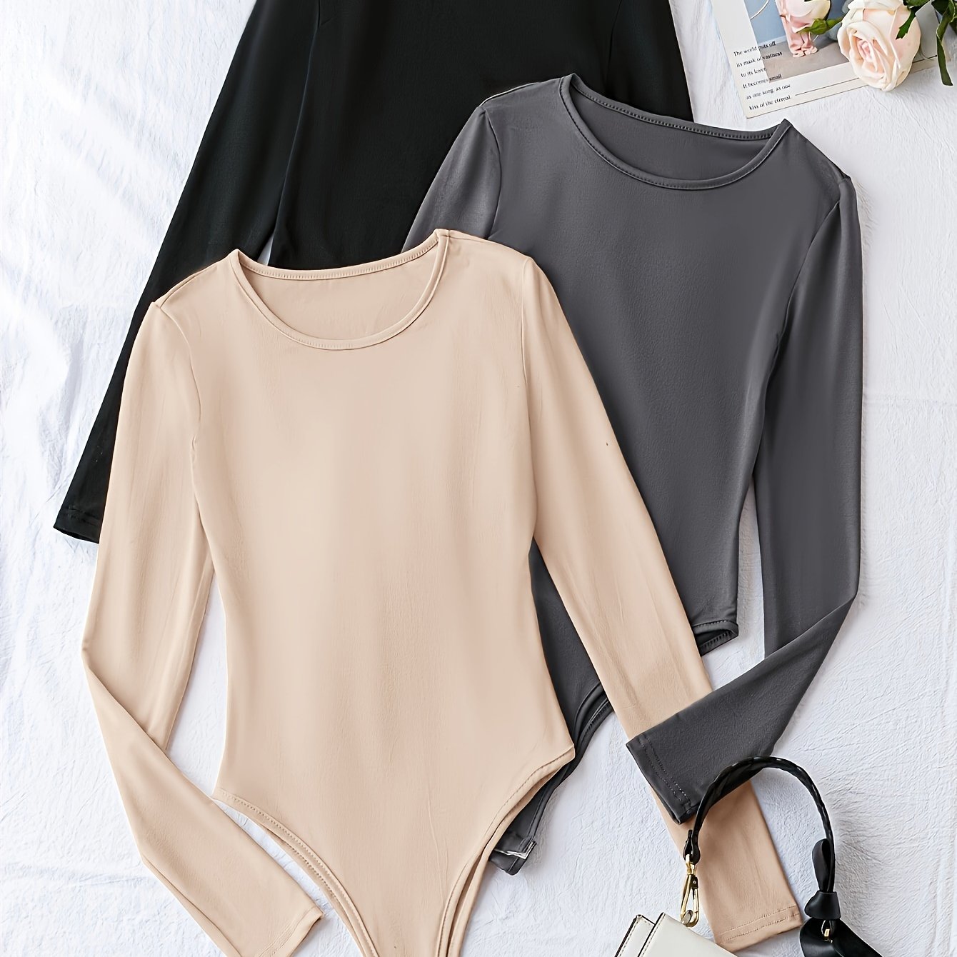 Women's Solid Polyester Crew Neck Long Sleeve Bodysuits Pack of Three Casual One-Piece Clothing