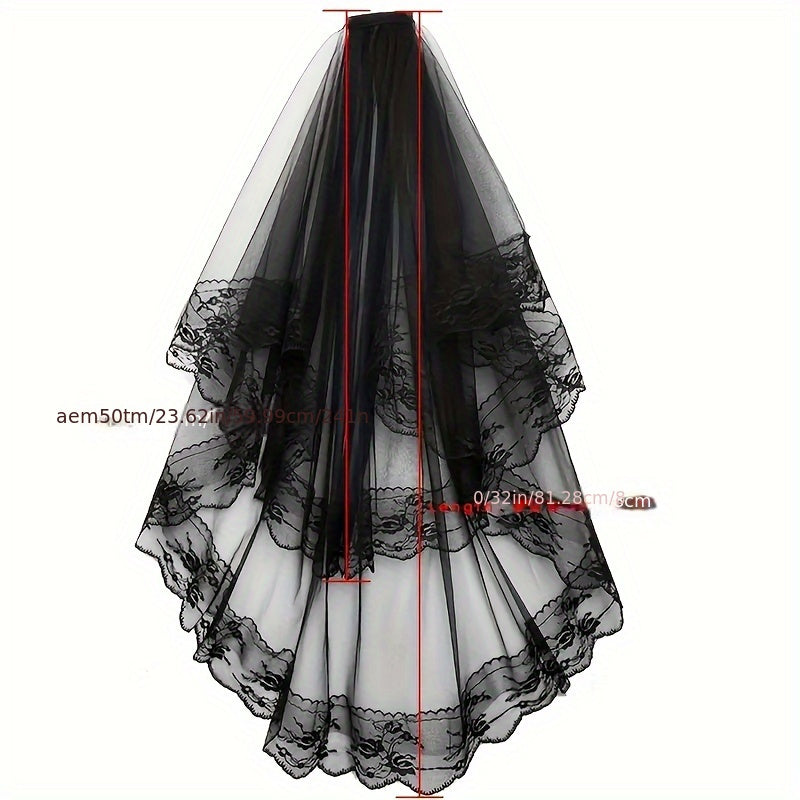 Velo de novia con peine y detalles de encaje, poliéster, accesorio para bodas y sesiones de fotos