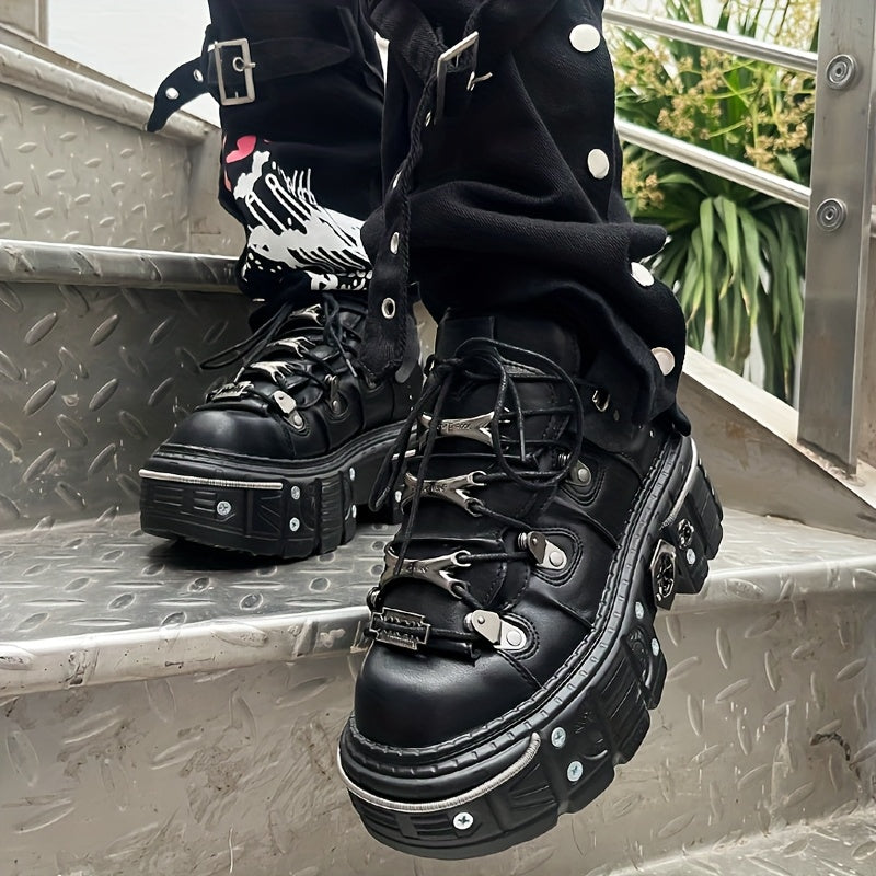 Women's Black Platform Ankle Boots Round Toe High Heel Sneakers