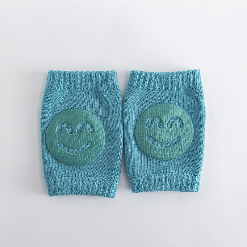 Kids Boys Knitted Knee Pads with Smiley Face for Autumn Winter Blue 100% Cotton