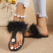 Women's Black Faux Fur Slip-On Flat Shoes with Pearl Accents