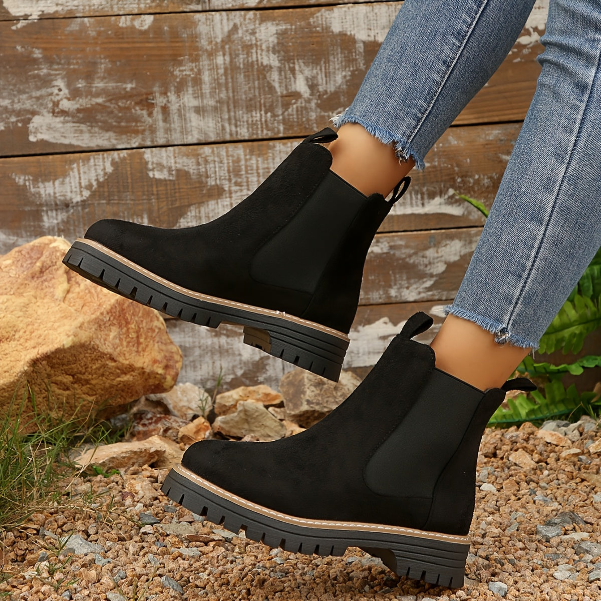 Women's Ankle Boots Slip-Resistant Platform Low Heel Black Fabric Boots