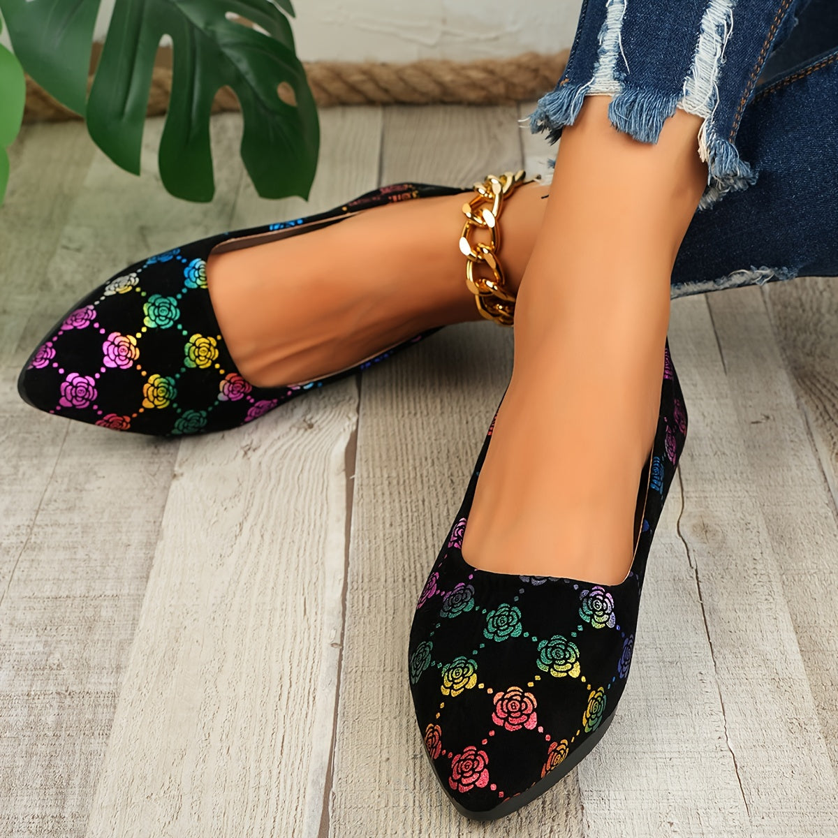 Women's Floral Pattern Mary Jane Flats Slip-On Pointed Toe Lightweight Shoes