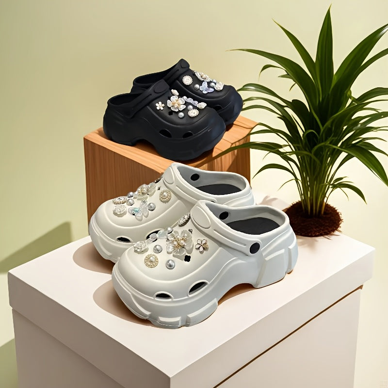 Women's EVA Clogs with Thick Sole, Floral Embellishments, Removable Accessories