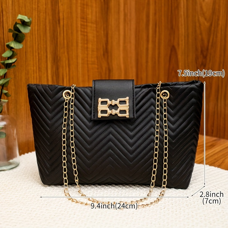Retro Tote Bag for Women with Magnetic Closure Chevron Pattern Crossbody Shoulder Bag in Black White Light Brown