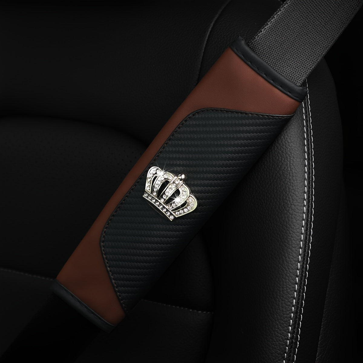 Universal Car Seat Belt Shoulder Pad Premium PU Leather Carbon Fiber Diamond Style