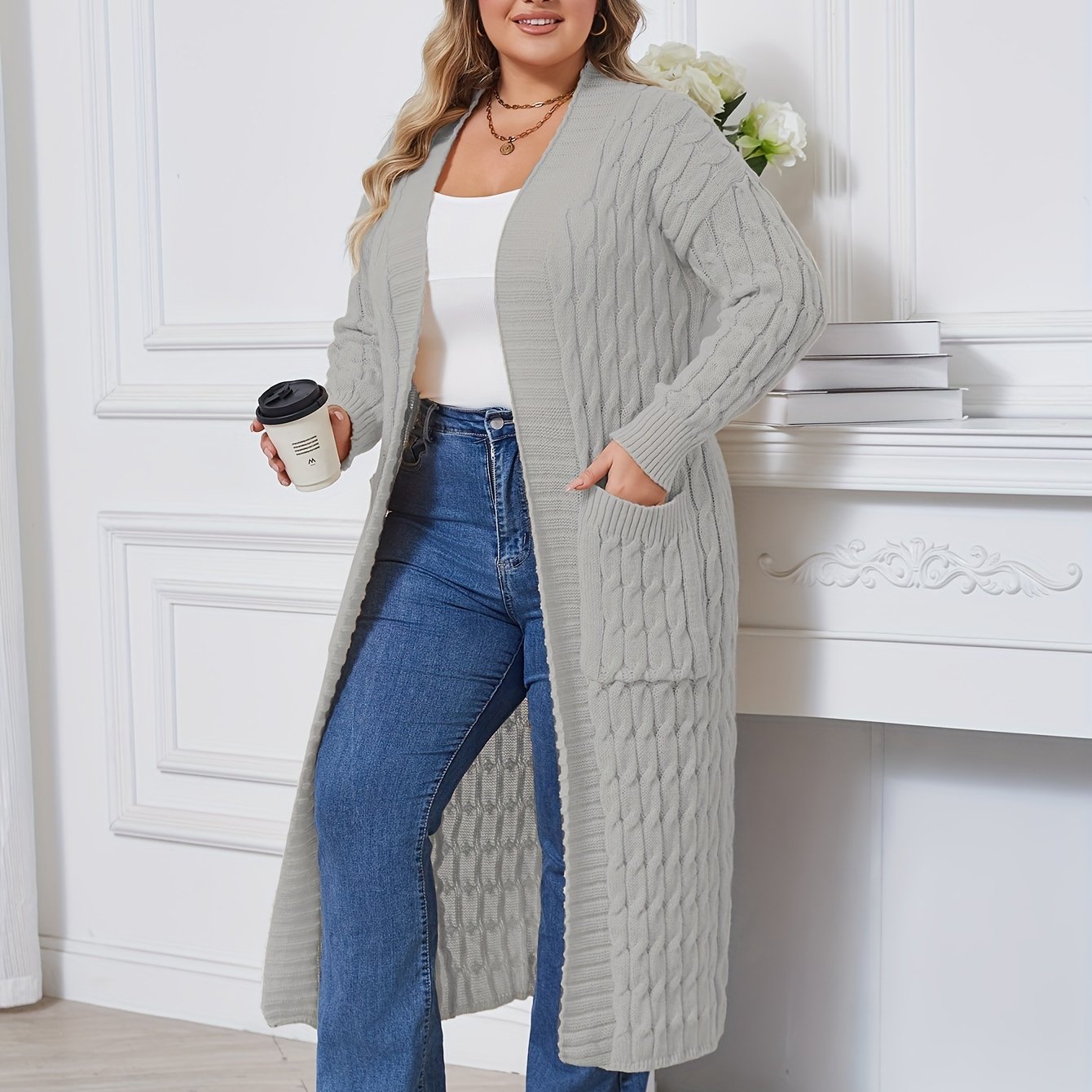 Plus Size Open Front Cardigan with Pockets Long Sleeves Women's Casual Winter Knit Polyester