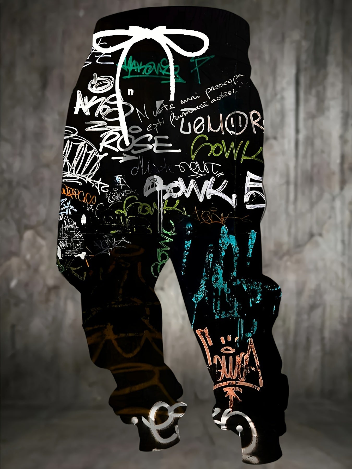 Erkaklar uchun poliester sport shimlari, 3D graffiti bosma, tortish ipi, cho'ntaklar, ozgina cho'zilish, oddiy mos keladigan joggerlar.