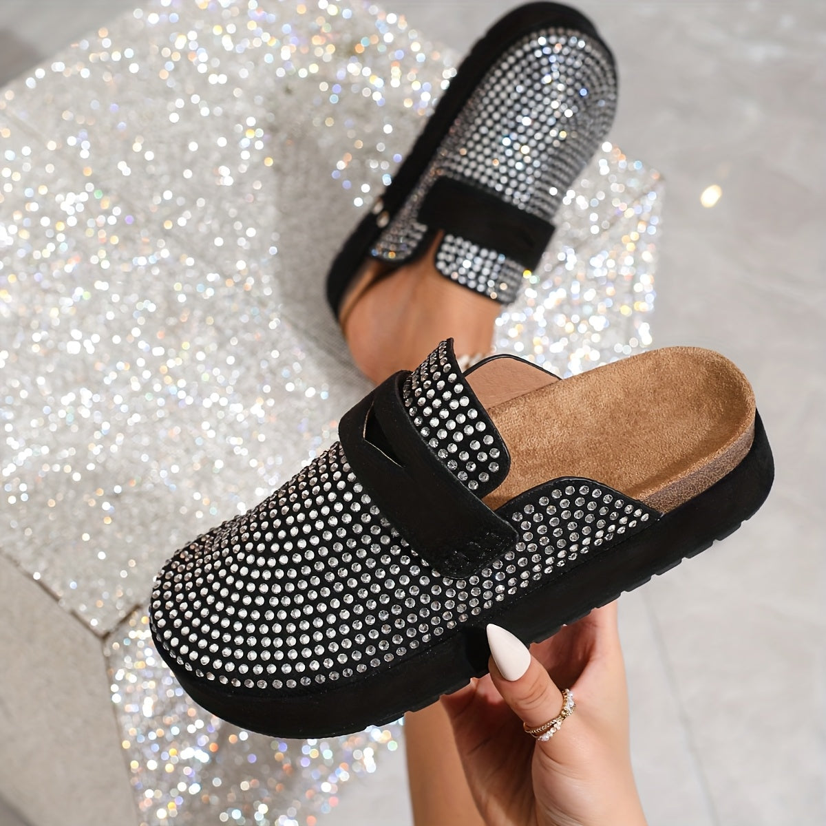 Women's Rhinestone Black Slip-On Mules with Thick Rubber Sole and Round Toe