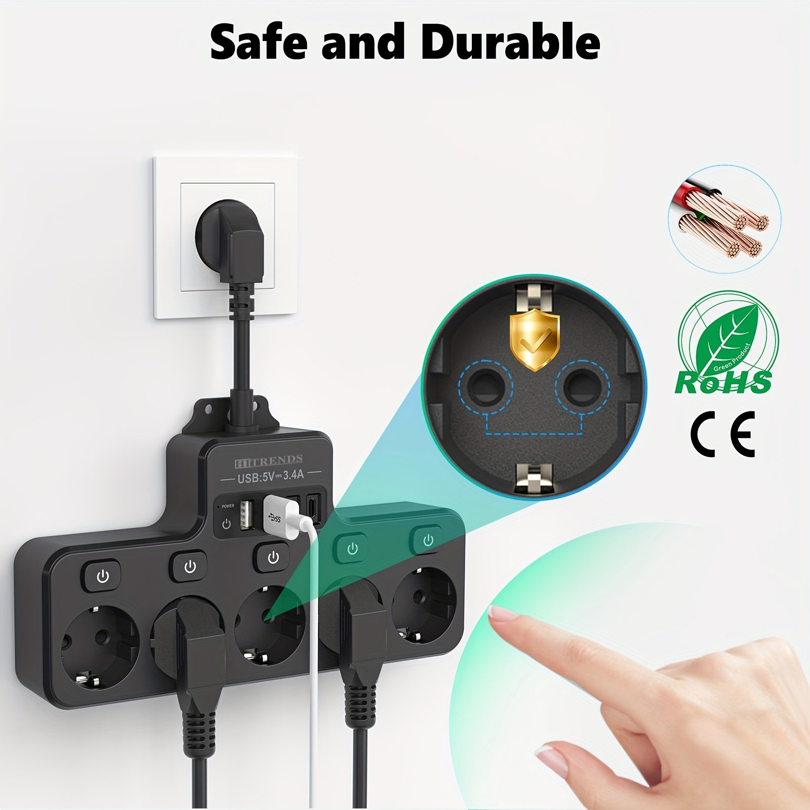 Power Strip with 5 EU Sockets and 4 USB Ports Wall-Mounted Smart Charging