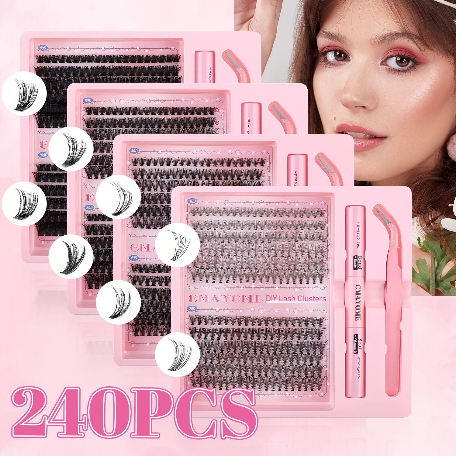 Pink False Eyelashes Set with Glue Tweezers 8-16mm C Curl Natural Fluffy Easy to Apply