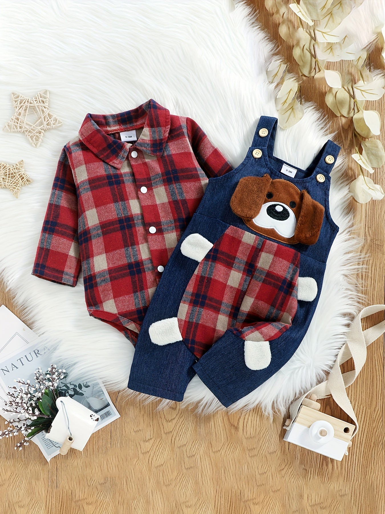 Baby Boys Plaid Long Sleeve Cotton Bodysuit and Jeans Overalls Set for 0-18 Months